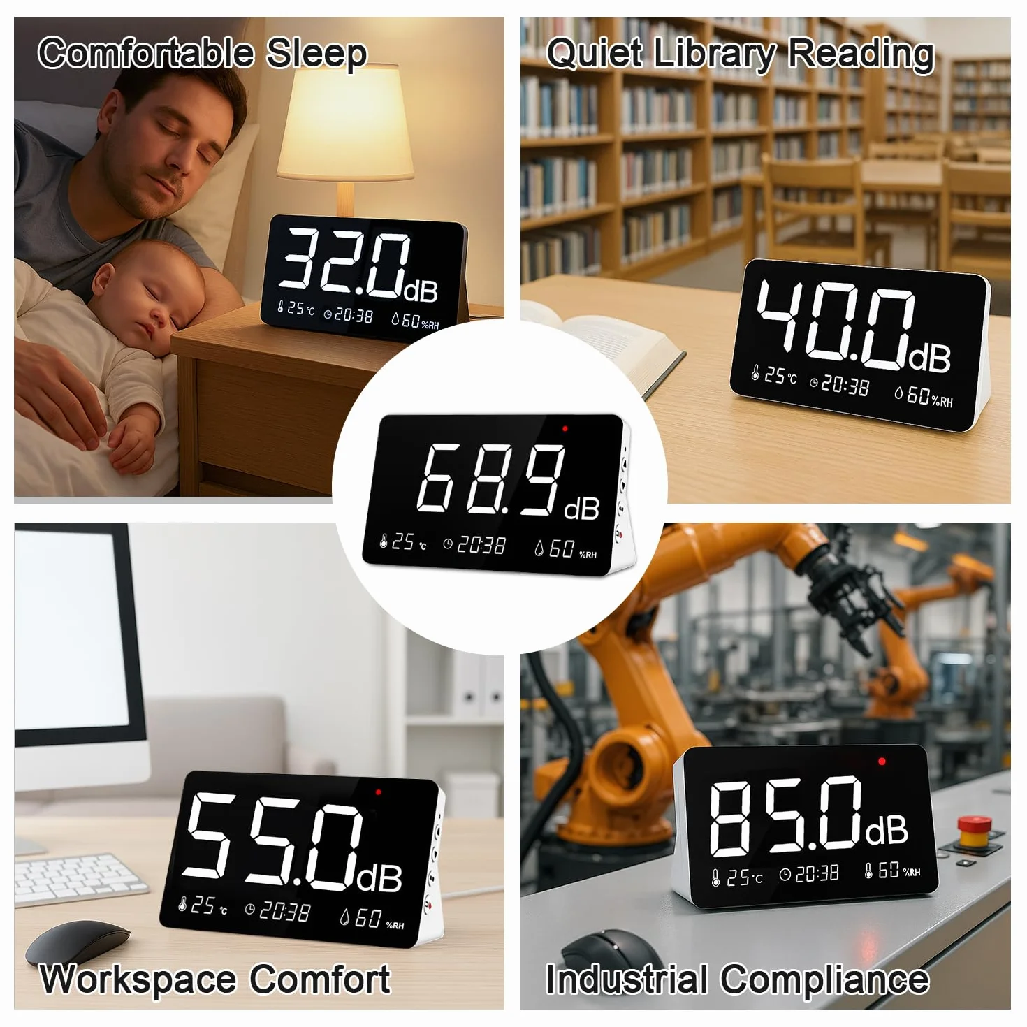 Sonomètre numérique 30-130dB avec journalisation des données, alarme, enregistrement 26000 données, pondéré A, rechargeable