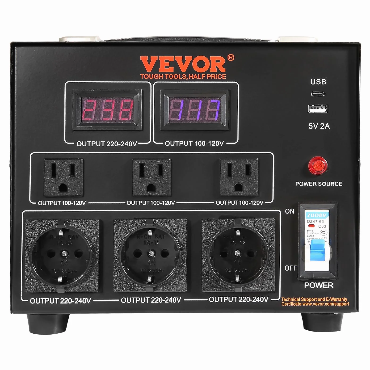 VEVOR Transformateur 220V⇄110V Convertisseur de Tension 5000W avec 3 Prises US et EU