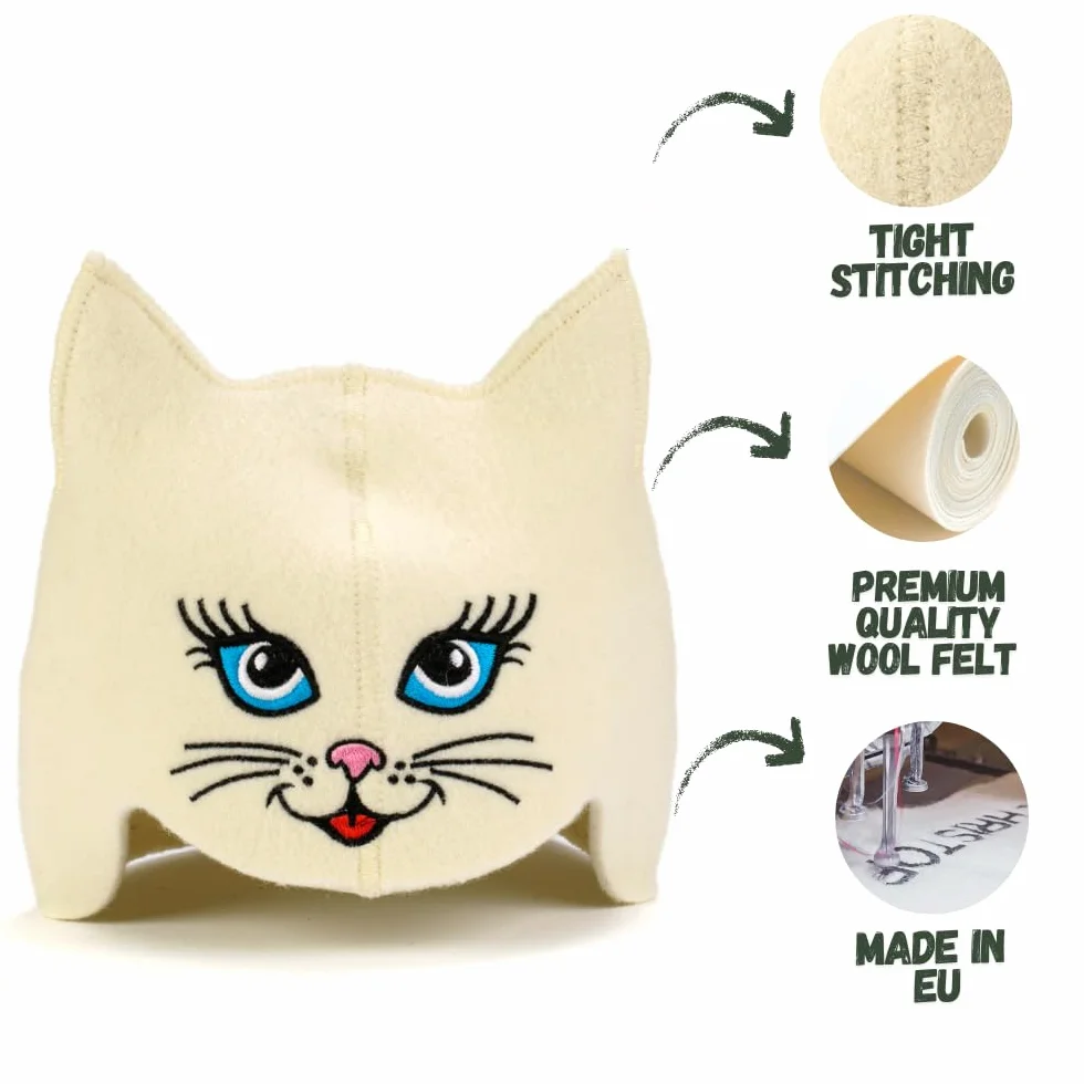 Chapeau de Sauna 'Sauna Kitten Cat' Blanc - 100% Feutre de Laine Biologique - Protège Tête de la Chaleur