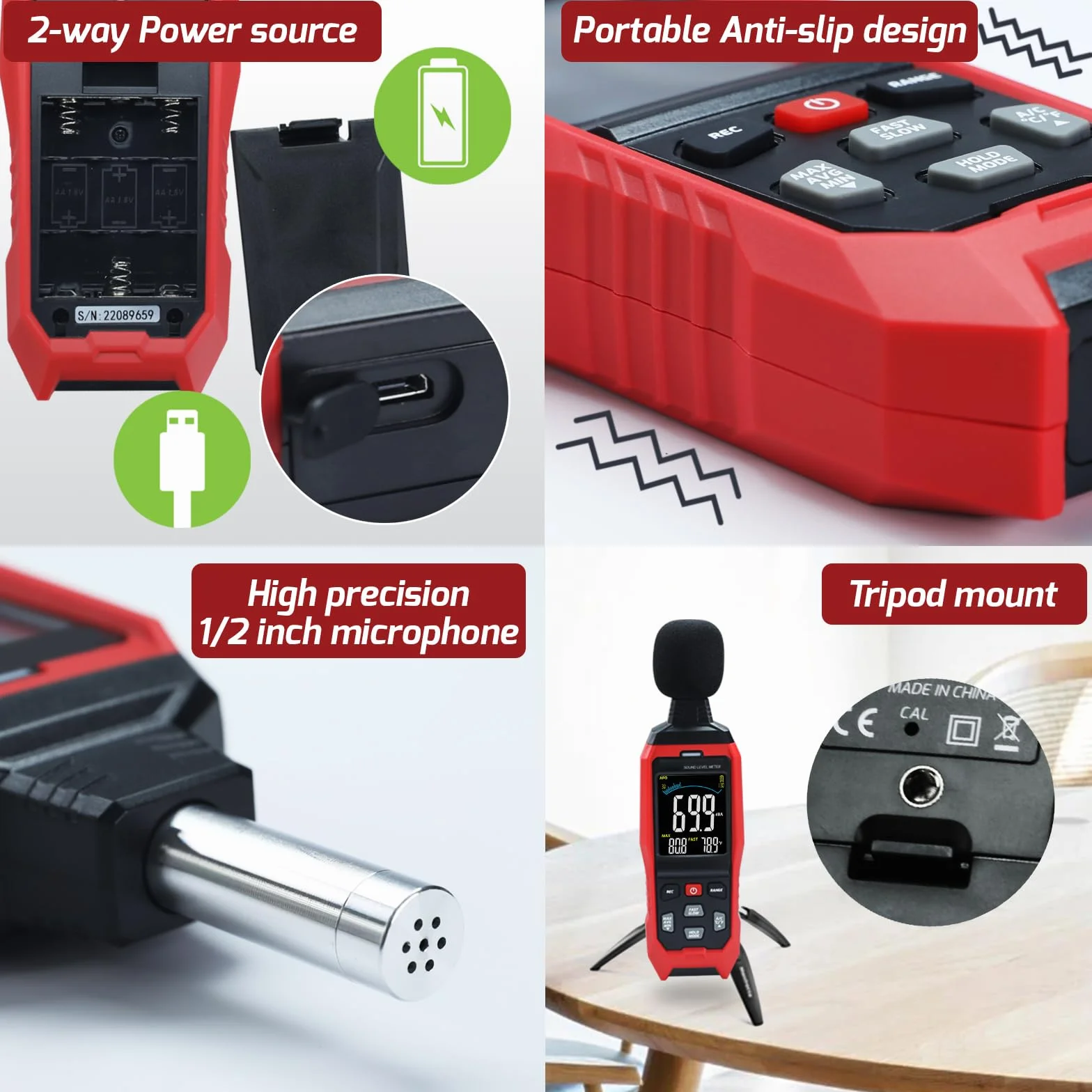 Sonomètre Compteur de Niveau Sonore 30-130 dB avec Enregistrement de Données Alarme Visuelle Connexion PC
