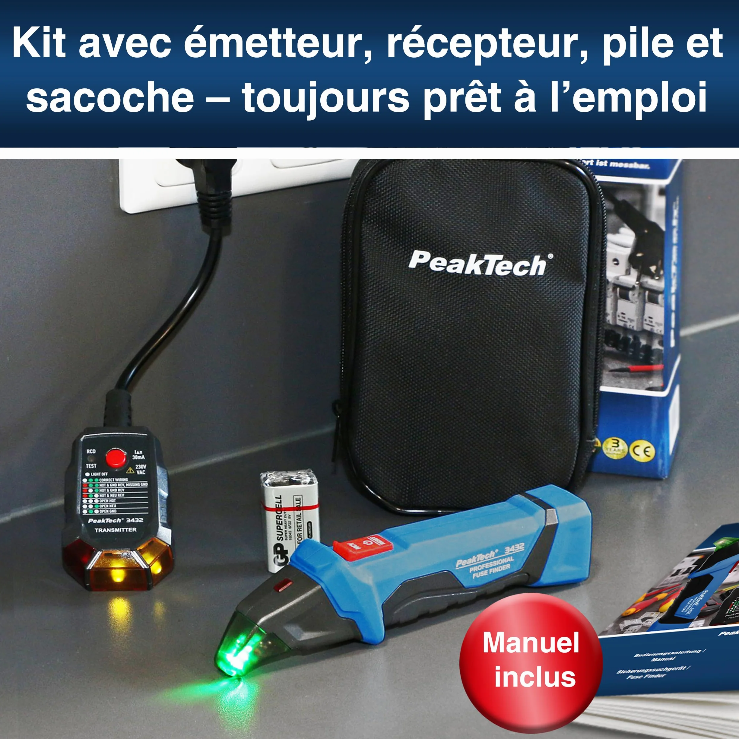 PeakTech 3432 Détecteur de fusibles circuit électrique testeur de prise 230 V Schuko NCV Testeur de tension Bleu