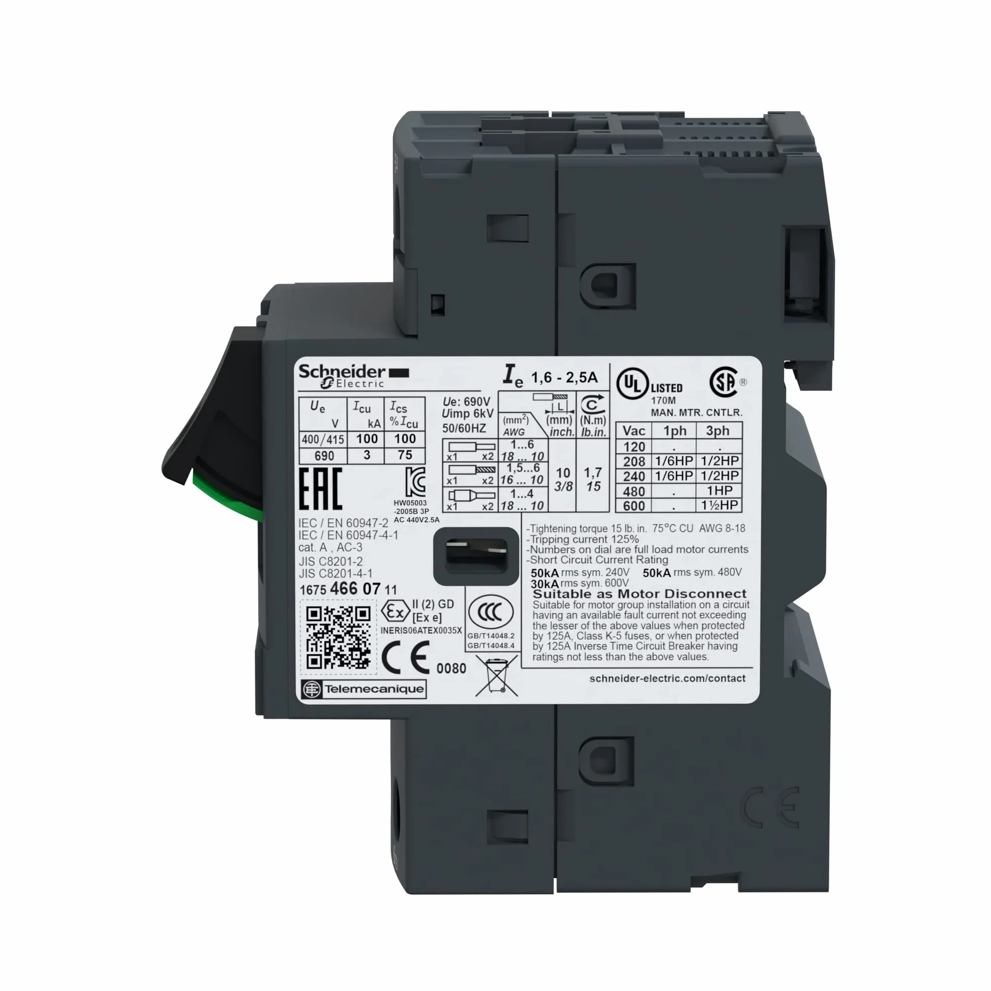 Schneider Electric TeSys GV2ME07 disjoncteur moteur 1,6..2,5A 3P 3d déclencheur magnéto-thermique