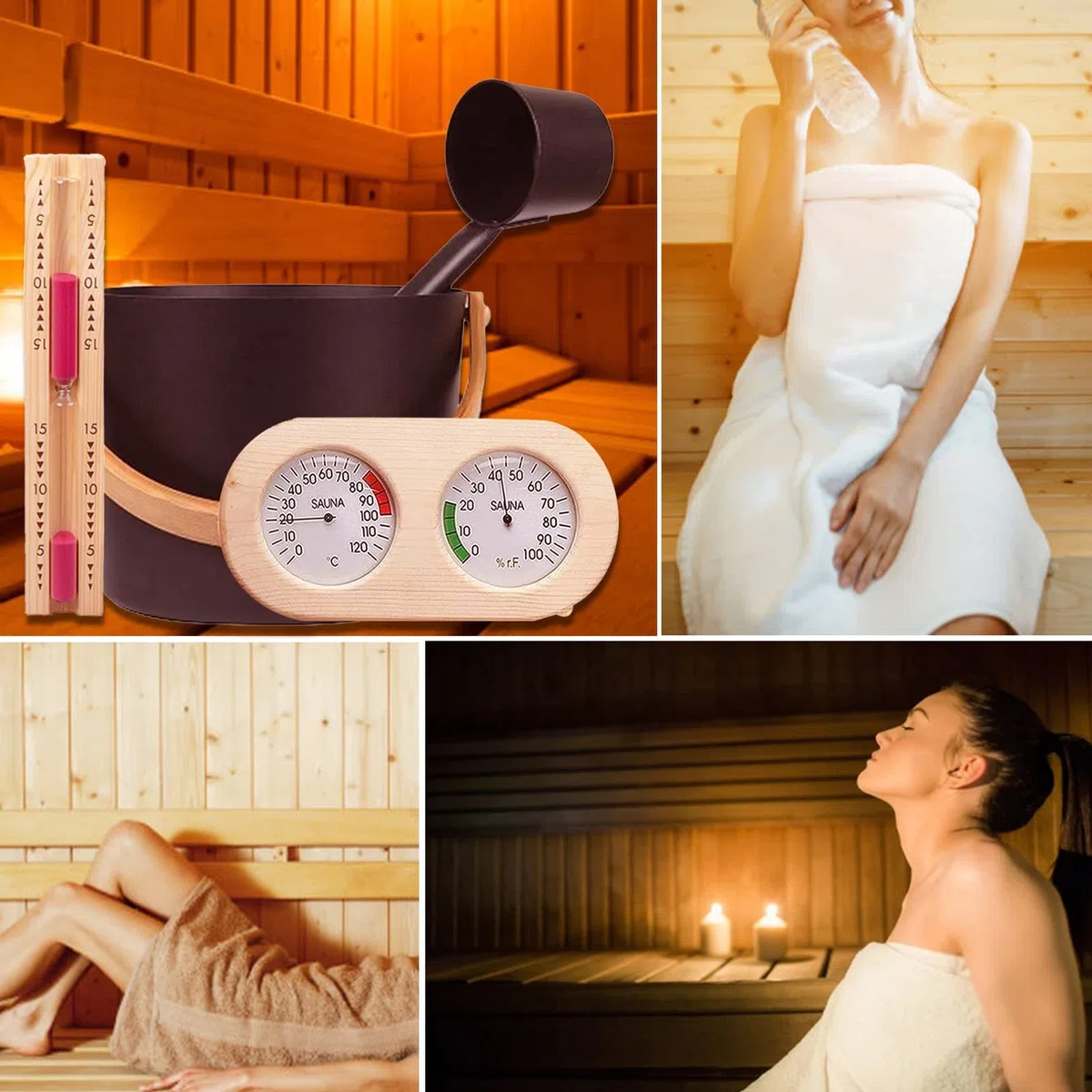 Seau Pour Sauna 7L Set Complet Avec Louche En Bois Pin Finlandais Thermomètre Hygromètre Sablier
