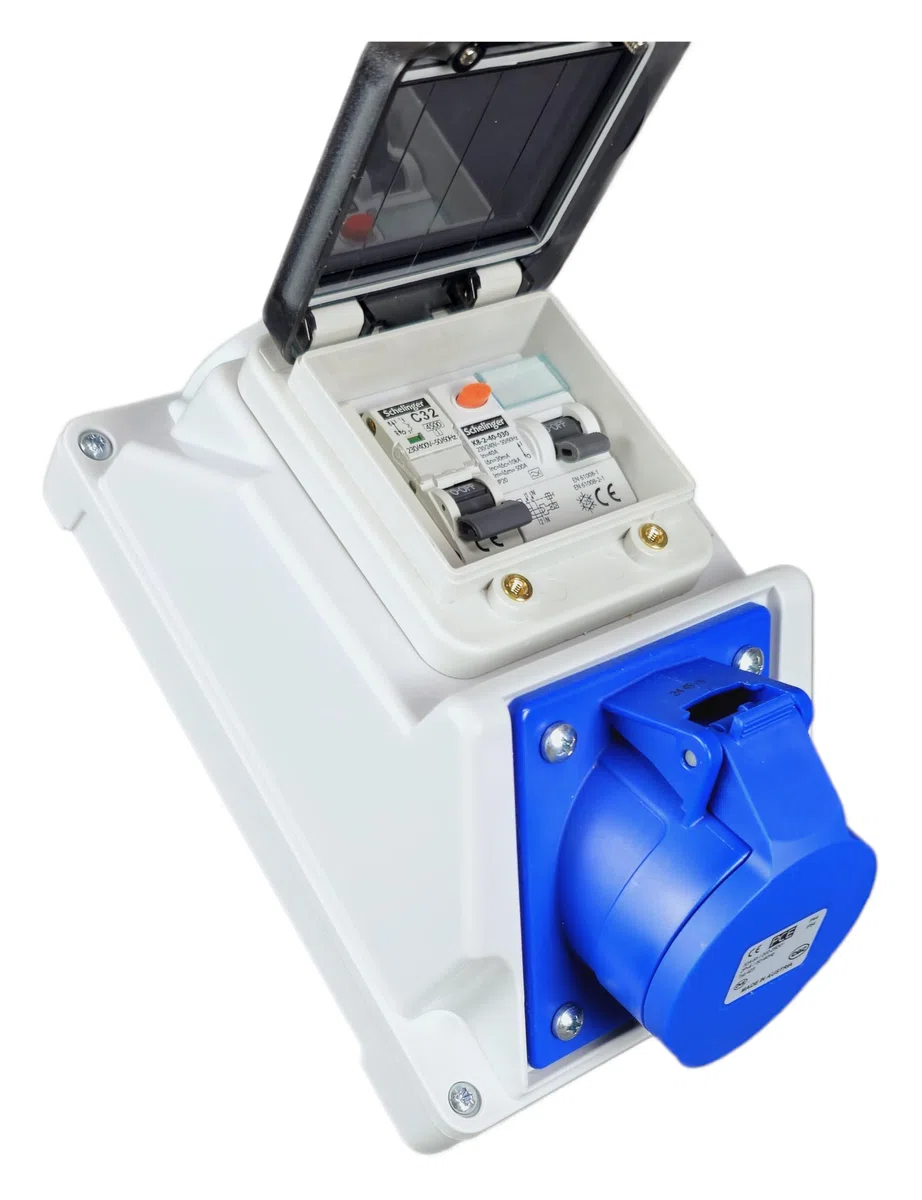 Prise Murale CEE 32A P17 Bleue IP54 Coffret Électrique Précâblé avec Différentiel 40A Type A Disjoncteur 1P+N 32A Certifié VDE