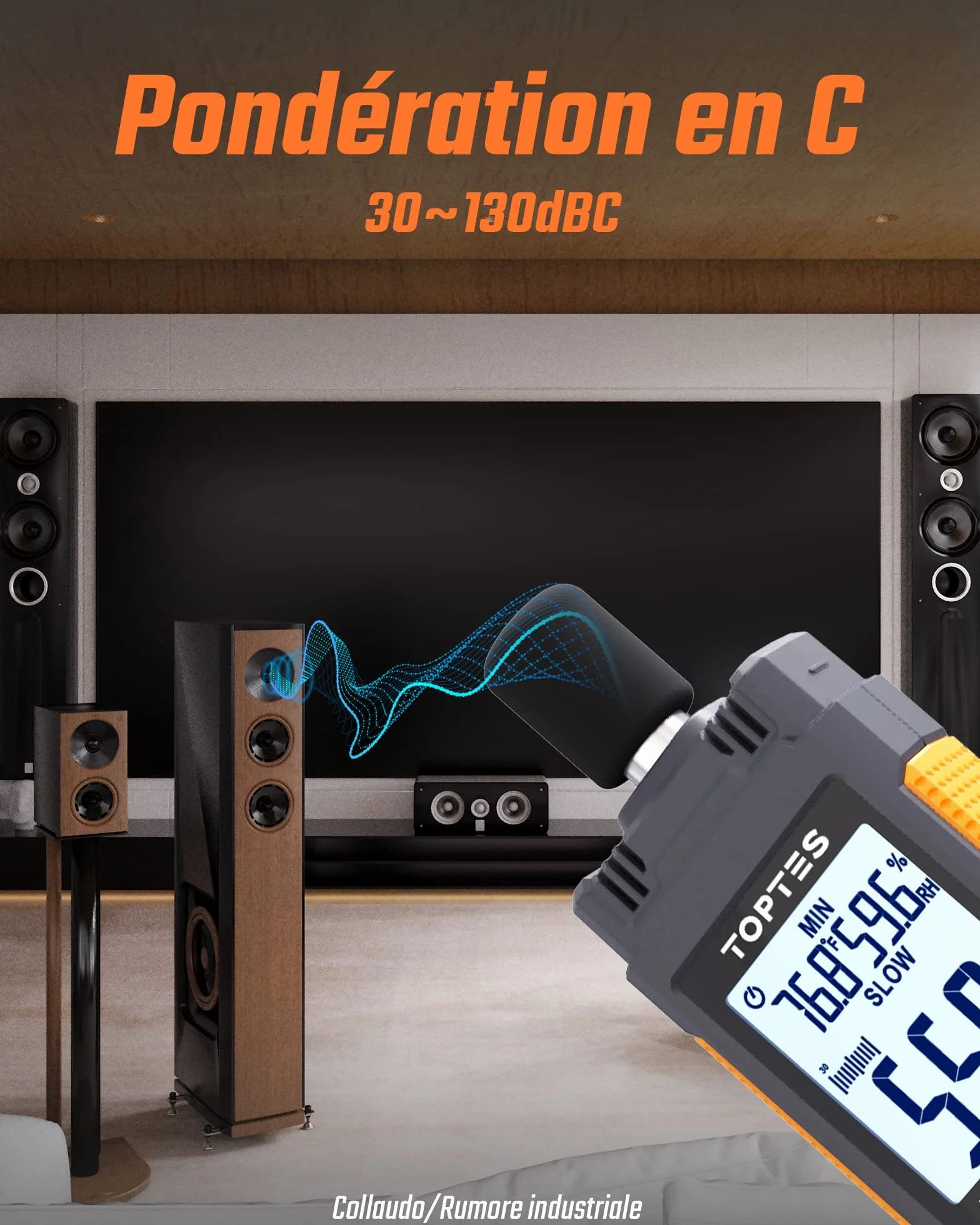 TopTes TS-501B Sonomètre Décibelmètre LCD rétroéclairé 2,25 pouces 30-130 dB pondéré A/C MAX/MIN Orange