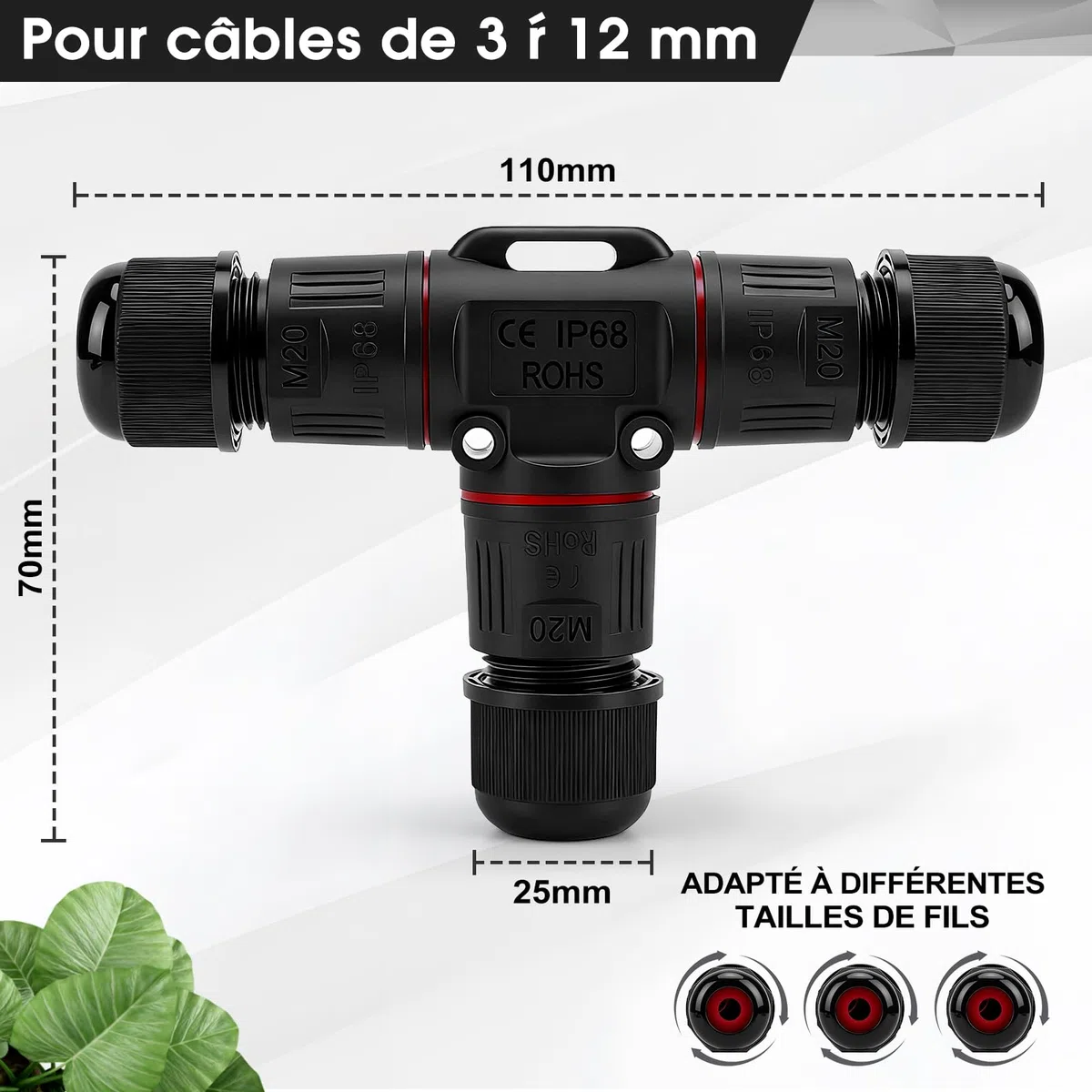 Connecteur Electrique Etanche IP68 3 Fils Forme T Ø3-12mm