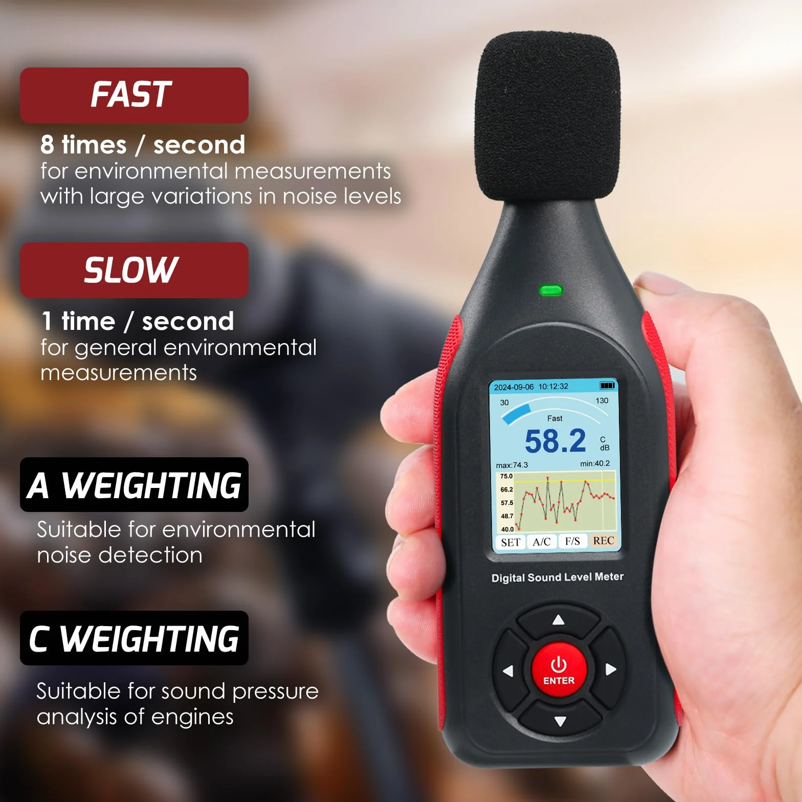 Sonomètre Décibelmètre Datalogger avec Pondération A/C, Réponse Rapide/Lente, 43000 Enregistrements, USB/PC, Alarme LED Tricolore