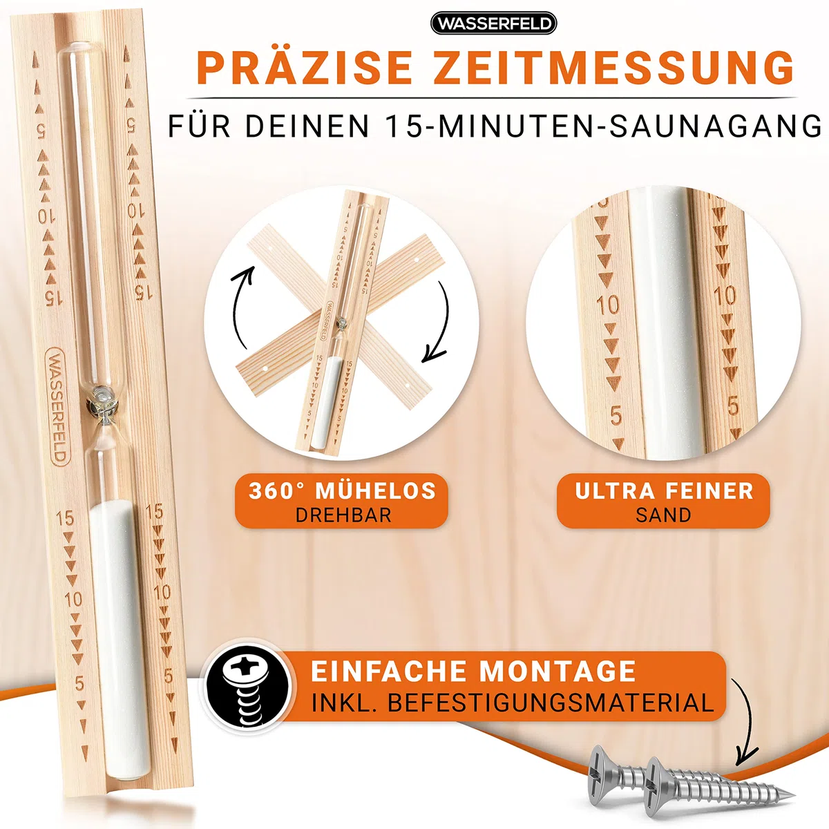 WASSERFELD® Seau de sauna 4 litres avec truelle, sablier, thermomètre et hygromètre
